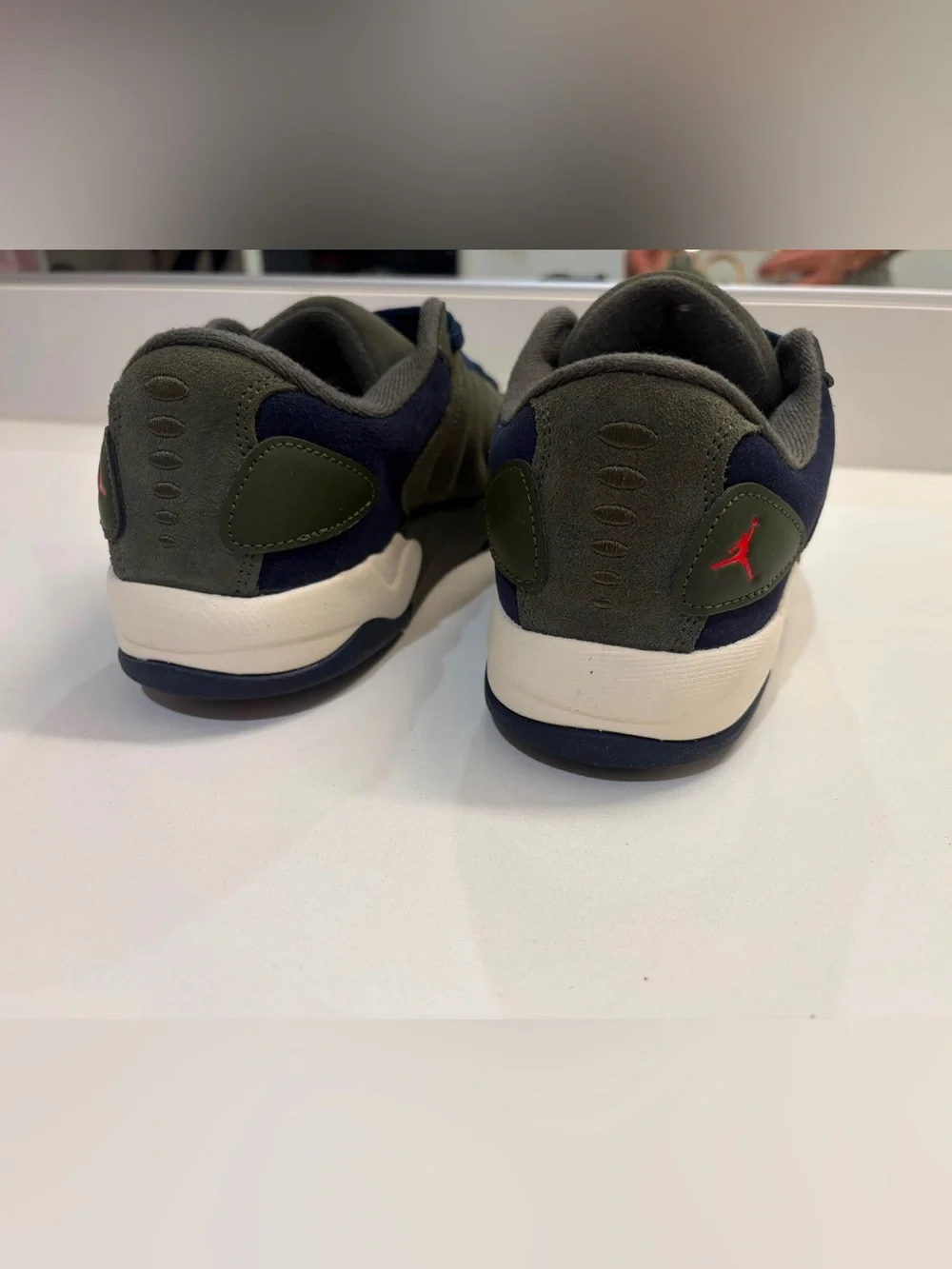Jordan Low Top Sneakers in Olive Green & Navy with Red Jumpman